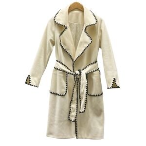 Size Large - Souk + Sepia Cream Ric Rac Trim Wrap Coat Belt and Quilted Lining